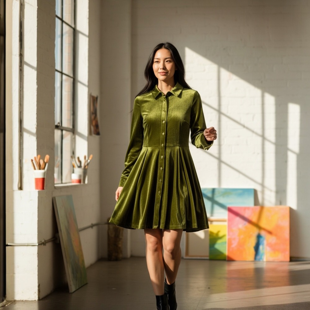 NEW Fashion Nova Phoebe Velvet Shirt Dress S Green Chartreuse Mini Luxe Mod - Picture 10 of 10